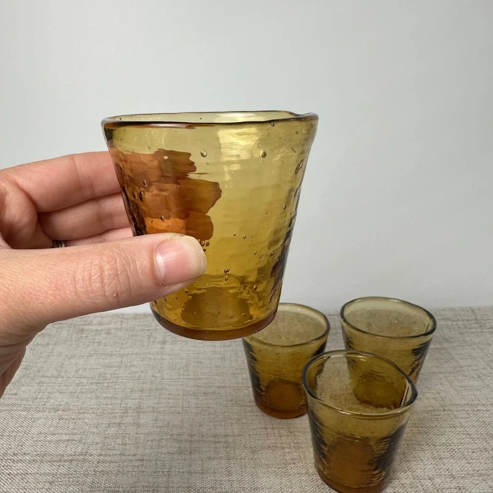 Hand Blown Amber Glass Petite Tumblers Set of 4 Pontil Bubble Art Glass Cups